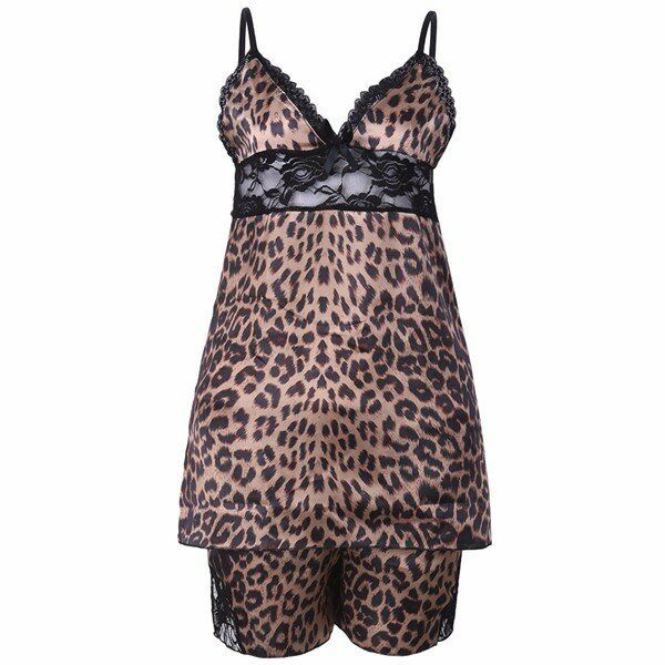 Camisón De Satén Con Estampado De Leopardo Sexy Para Mujer De Talla Grande Conjuntos De Camisola De Encaje Con Nudo En V Profundo