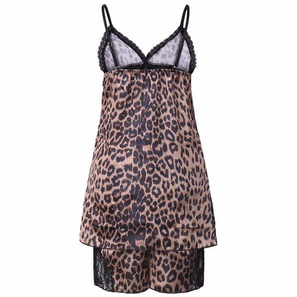 Camisón De Satén Con Estampado De Leopardo Sexy Para Mujer De Talla Grande Conjuntos De Camisola De Encaje Con Nudo En V Profundo