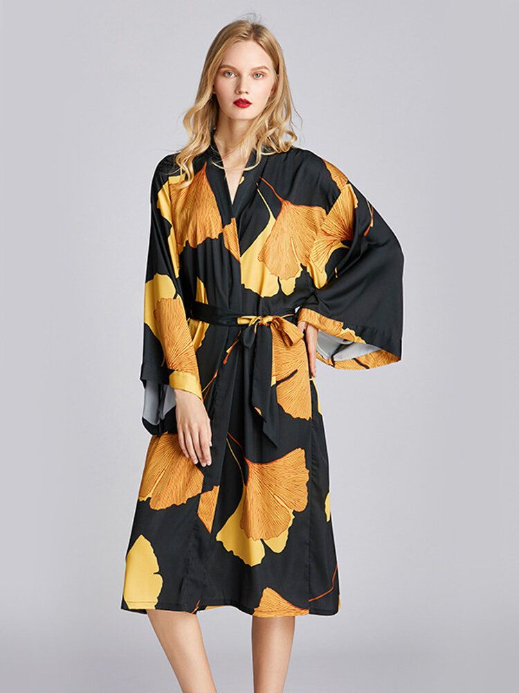 Camisón Sedoso De Manga Larga Con Estampado De Kimono Y Estampado De Flores