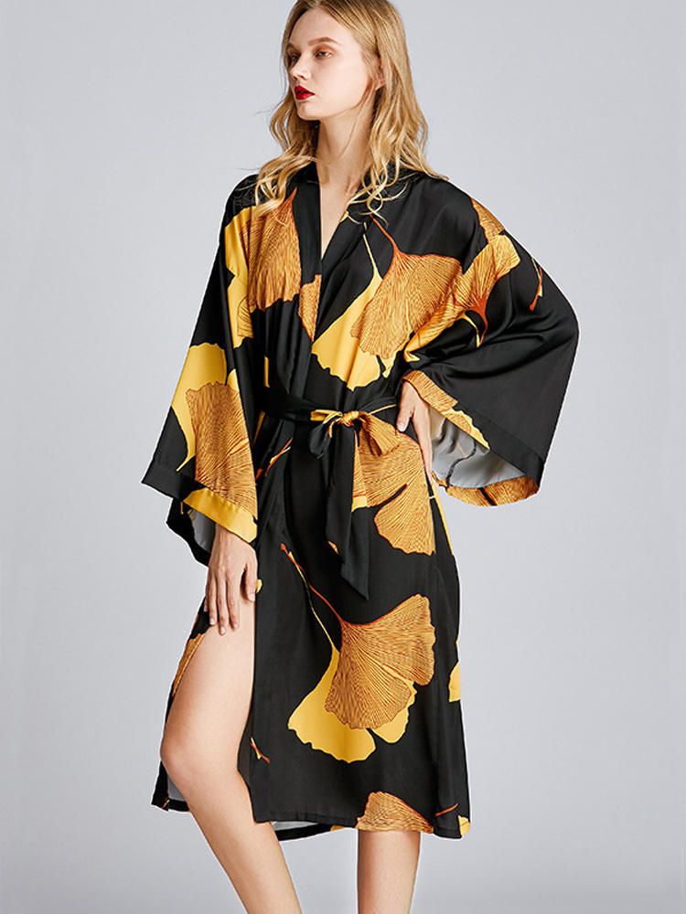 Camisón Sedoso De Manga Larga Con Estampado De Kimono Y Estampado De Flores