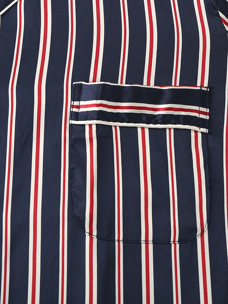 Classic Stripe Revere Collar Manga Larga Cintura Elástica Seda De Hielo Conjunto De Pijama Informal Para El Hogar