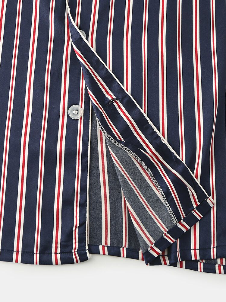 Classic Stripe Revere Collar Manga Larga Cintura Elástica Seda De Hielo Conjunto De Pijama Informal Para El Hogar