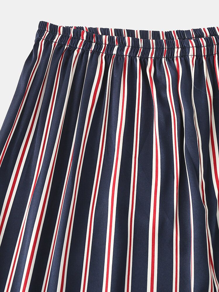 Classic Stripe Revere Collar Manga Larga Cintura Elástica Seda De Hielo Conjunto De Pijama Informal Para El Hogar