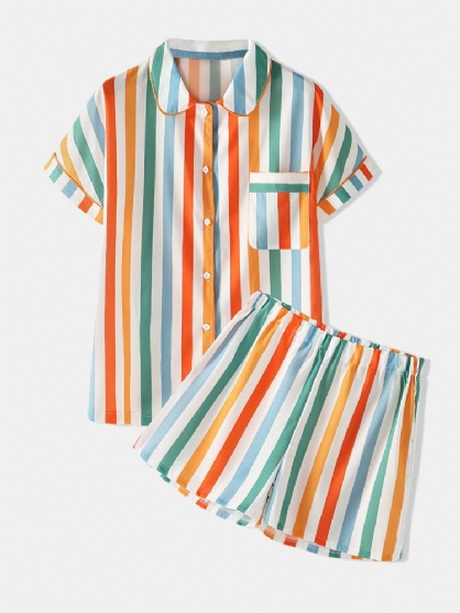 Colordul Stripe Button Up Shorts De Manga Corta Inicio Conjunto De Pijama Informal Para Mujer