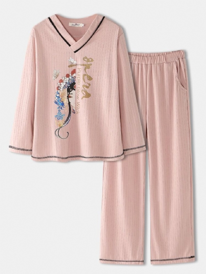 Conjunto De Pijama Acogedor De Cintura Elástica Con Cuello En V Y Manga Larga Con Estampado De Elemento De Ópera De Estilo Chino