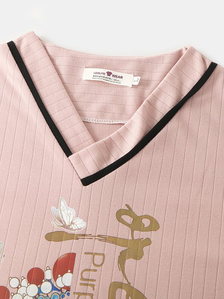 Conjunto De Pijama Acogedor De Cintura Elástica Con Cuello En V Y Manga Larga Con Estampado De Elemento De Ópera De Estilo Chino