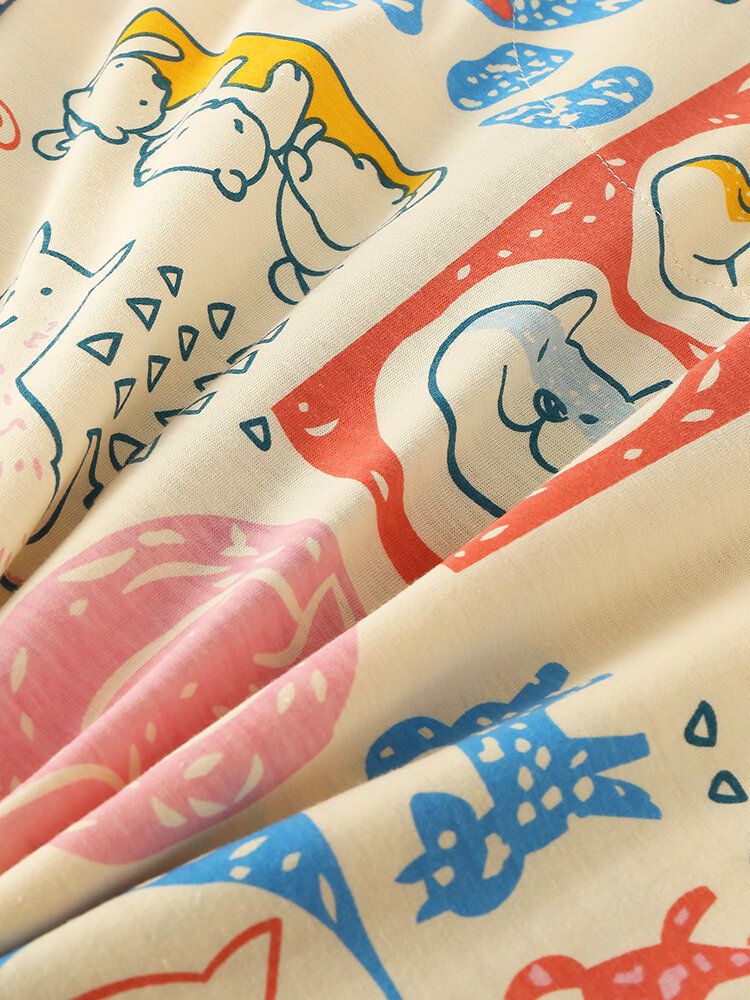 Conjunto De Pijama De Algodón Con Cintura Elástica De Manga Larga Con Cuello De Campamento Y Estampado De Perro De Dibujos Animados Para Mujer