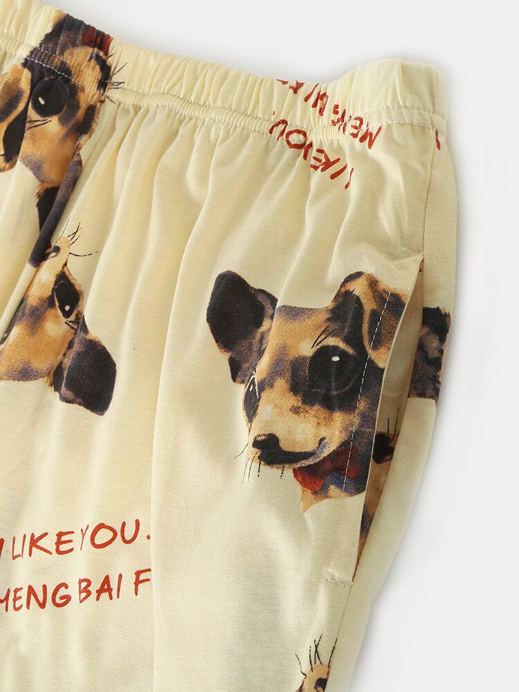 Conjunto De Pijama De Algodón De Manga Larga Con Estampado De Lema De Patrón De Perro Para Mujer