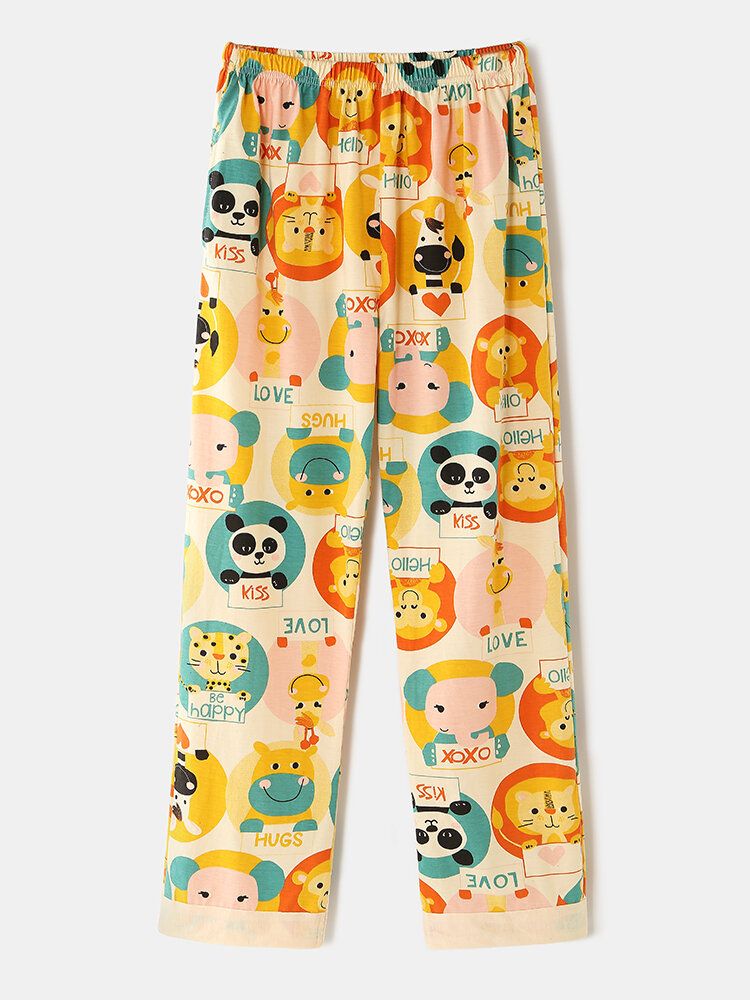 Conjunto De Pijama De Algodón Para El Hogar Con Cintura Elástica De Manga Larga Y Botones Con Estampado De Animales Múltiples De Dibujos Animados Para Mujer