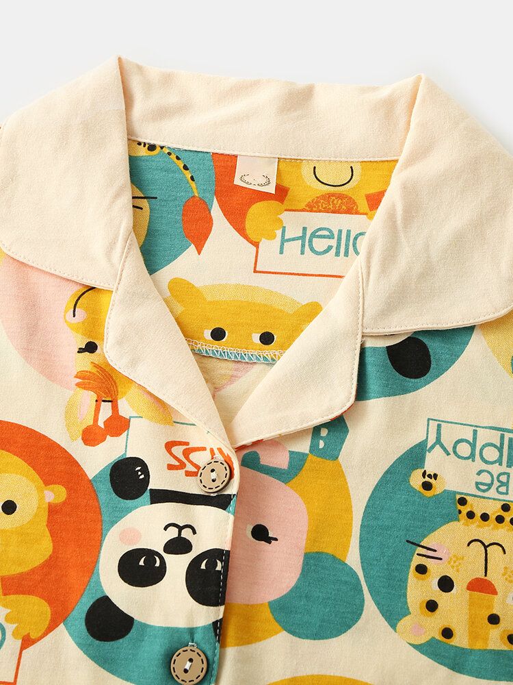 Conjunto De Pijama De Algodón Para El Hogar Con Cintura Elástica De Manga Larga Y Botones Con Estampado De Animales Múltiples De Dibujos Animados Para Mujer