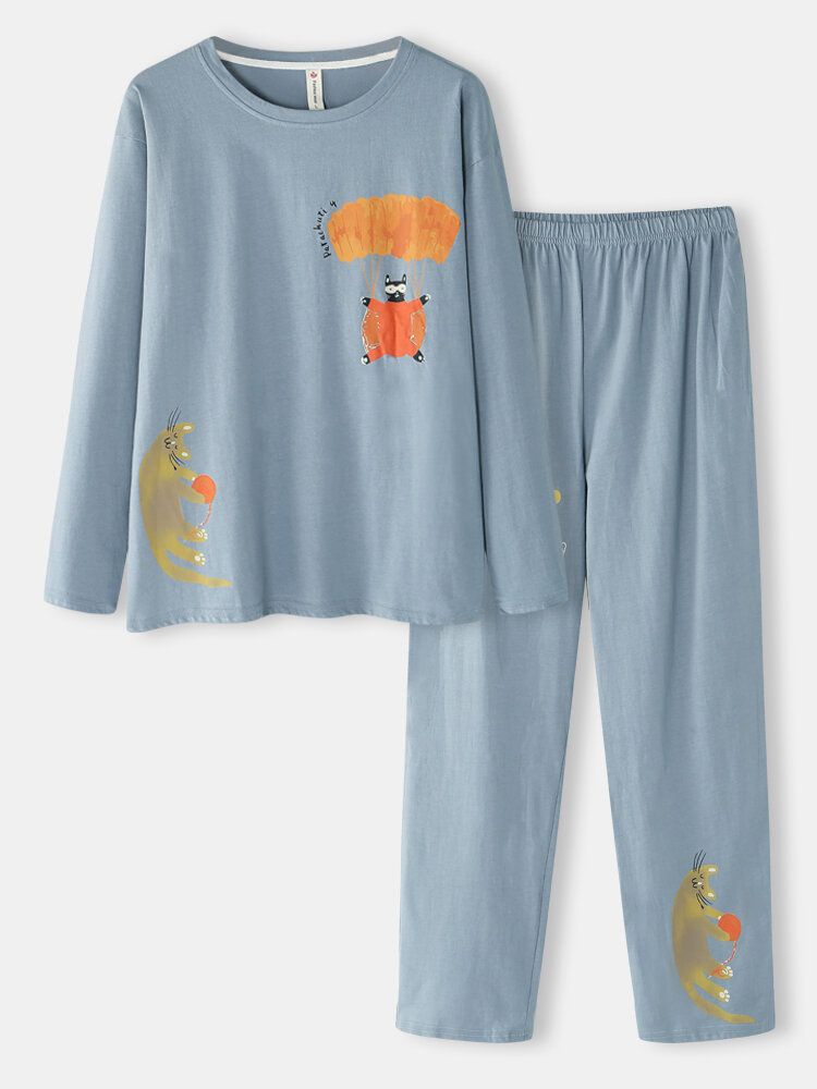 Conjunto De Pijama De Algodón Para El Hogar Con Cintura Elástica Y Cuello Redondo Con Estampado De Gato De Dibujos Animados Divertidos Para Mujer