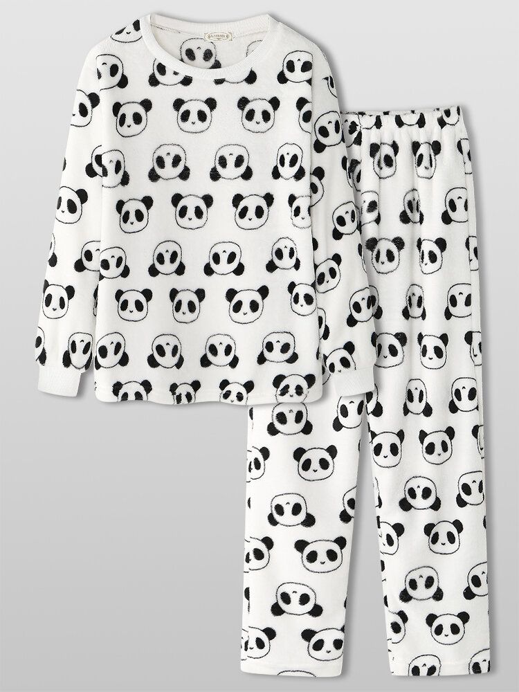 Conjunto De Pijama Cálido De Felpa De Manga Larga De Panda De Dibujos Animados Para Mujer