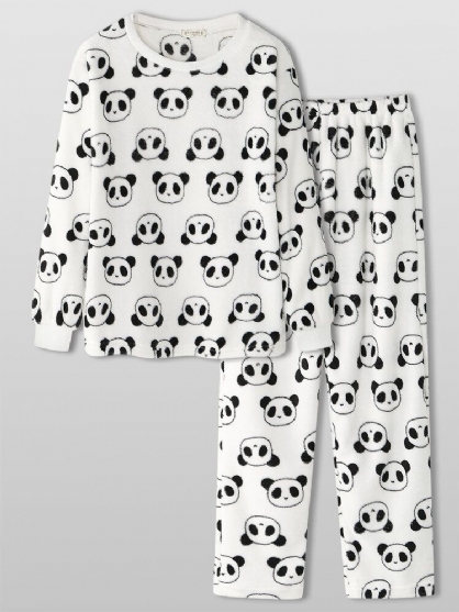 Conjunto De Pijama Cálido De Felpa De Manga Larga De Panda De Dibujos Animados Para Mujer