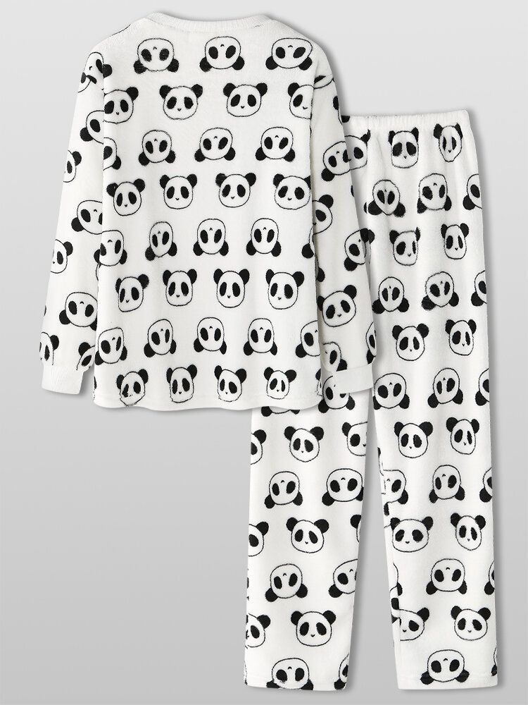 Conjunto De Pijama Cálido De Felpa De Manga Larga De Panda De Dibujos Animados Para Mujer