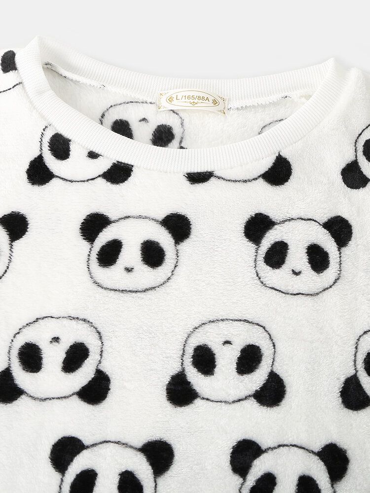 Conjunto De Pijama Cálido De Felpa De Manga Larga De Panda De Dibujos Animados Para Mujer