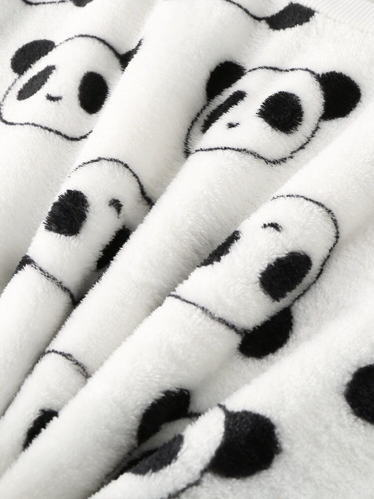 Conjunto De Pijama Cálido De Felpa De Manga Larga De Panda De Dibujos Animados Para Mujer