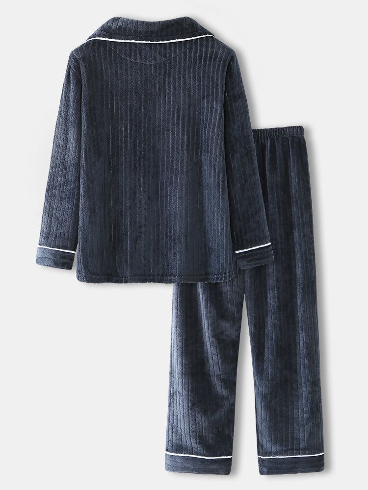 Conjunto De Pijama Cálido De Manga Larga Con Solapa De Franela Gruesa De Invierno Para Hombre