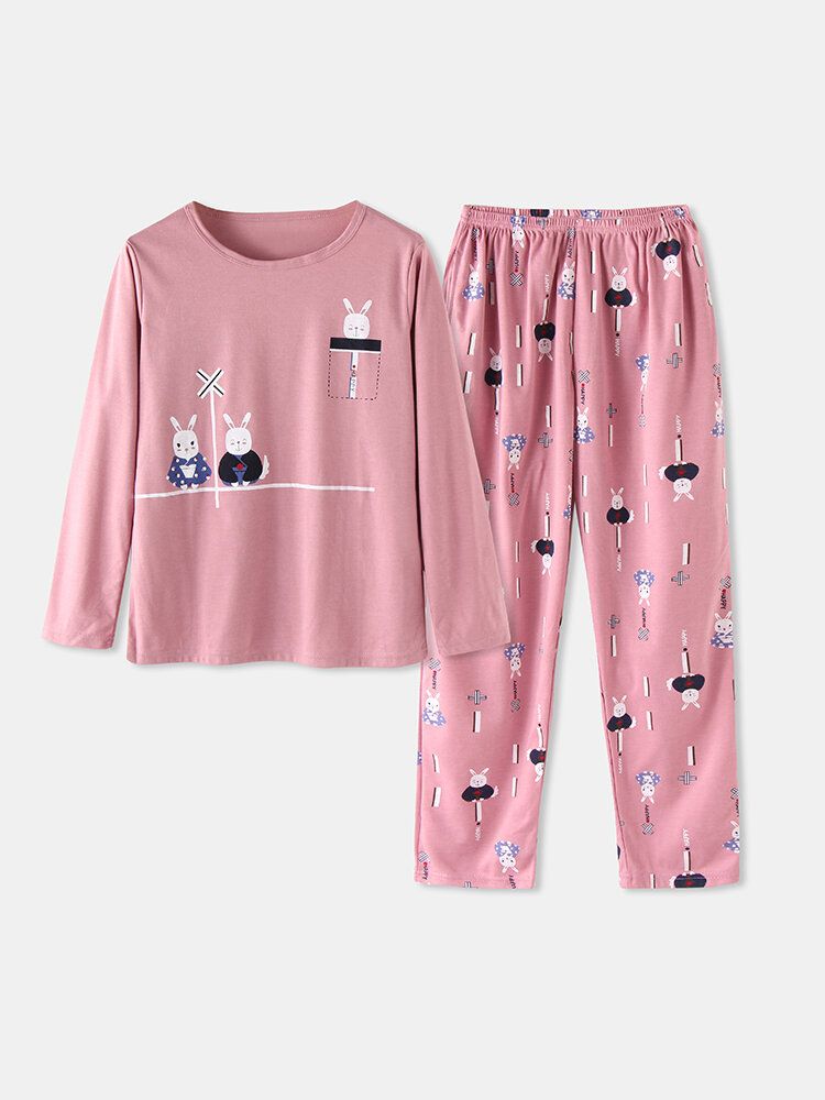 Conjunto De Pijama De Casa De Cintura Elástica Con Bolsillo De Manga Larga Con Estampado De Animales De Dibujos Animados Lindo Para Mujer