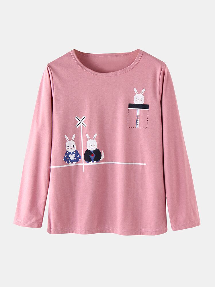 Conjunto De Pijama De Casa De Cintura Elástica Con Bolsillo De Manga Larga Con Estampado De Animales De Dibujos Animados Lindo Para Mujer