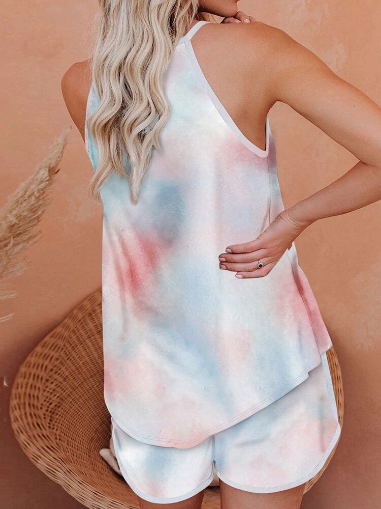 Conjunto De Pijama Casual Sin Mangas Con Degradado Colorido Con Efecto Tie Dye Para Mujer