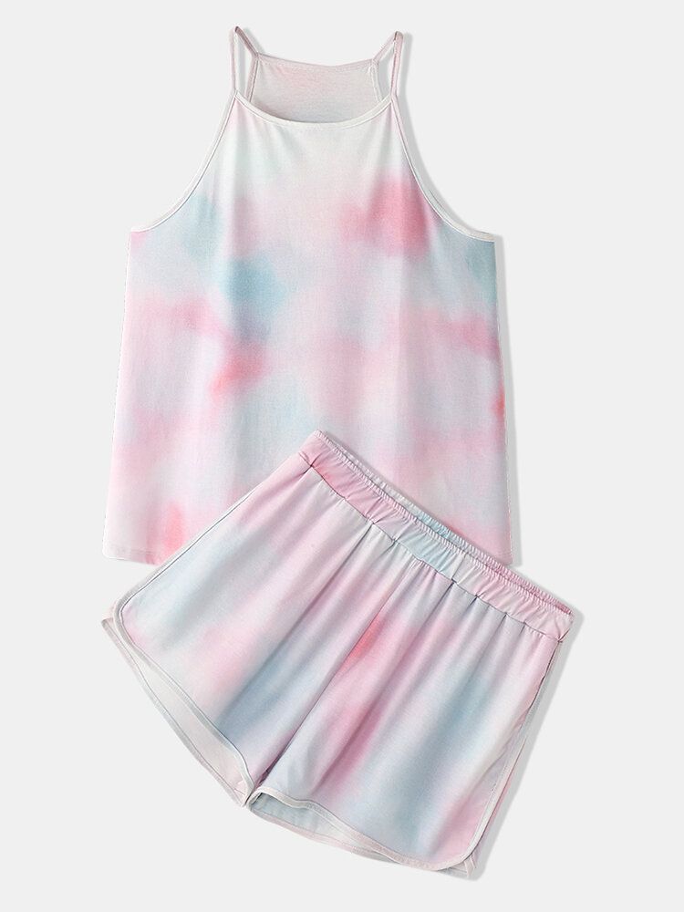 Conjunto De Pijama Casual Sin Mangas Con Degradado Colorido Con Efecto Tie Dye Para Mujer