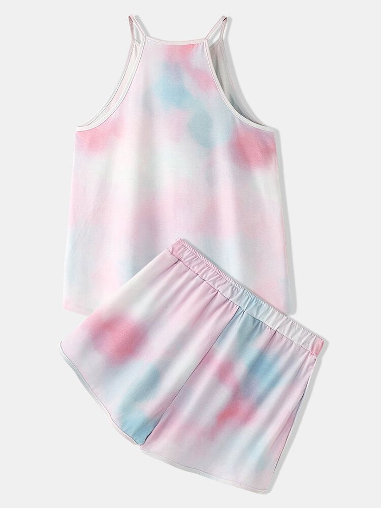 Conjunto De Pijama Casual Sin Mangas Con Degradado Colorido Con Efecto Tie Dye Para Mujer