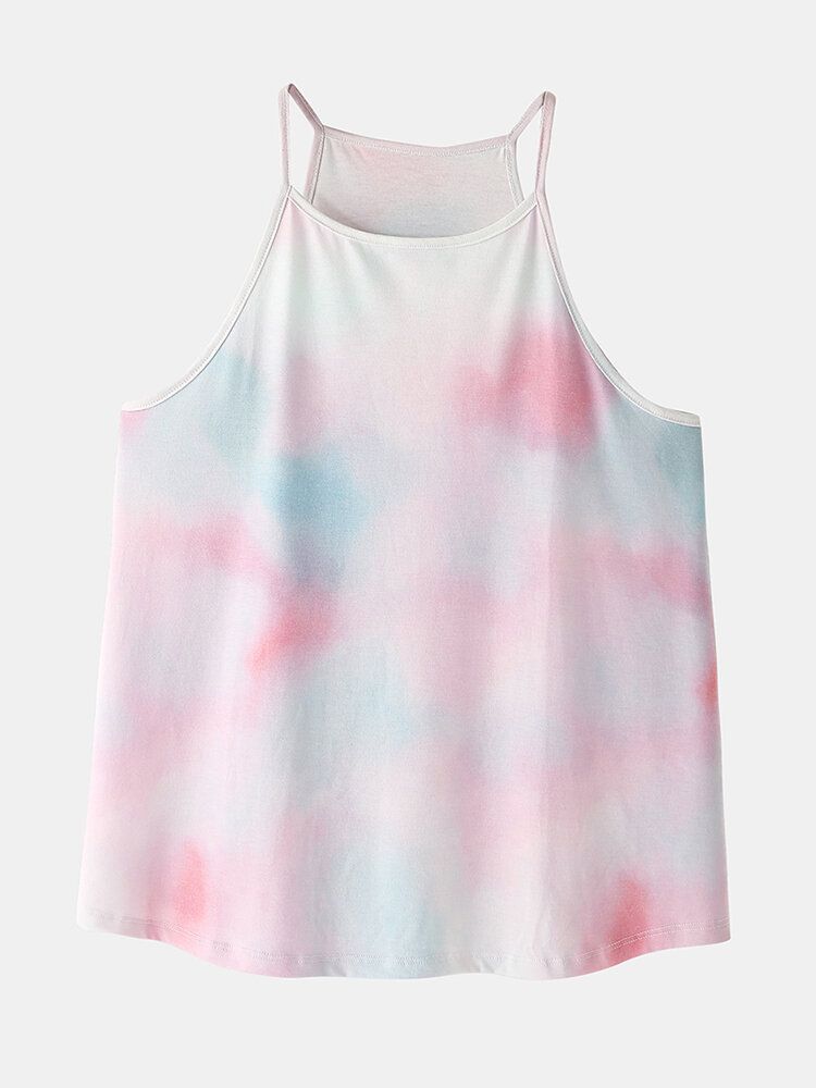 Conjunto De Pijama Casual Sin Mangas Con Degradado Colorido Con Efecto Tie Dye Para Mujer