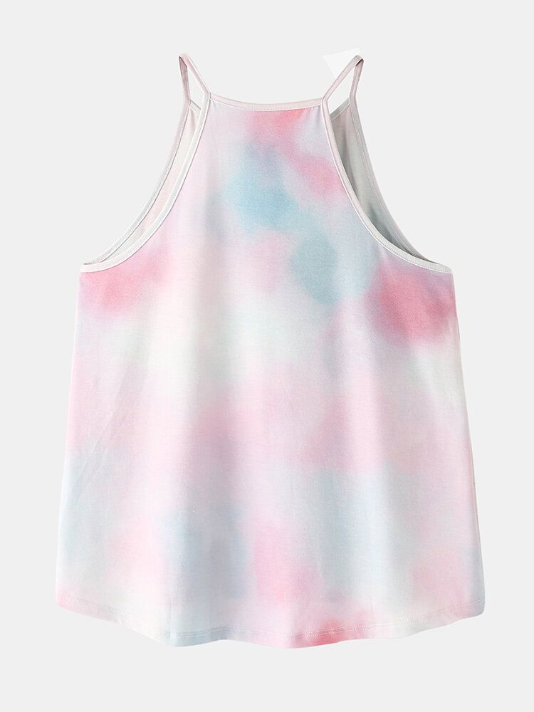 Conjunto De Pijama Casual Sin Mangas Con Degradado Colorido Con Efecto Tie Dye Para Mujer