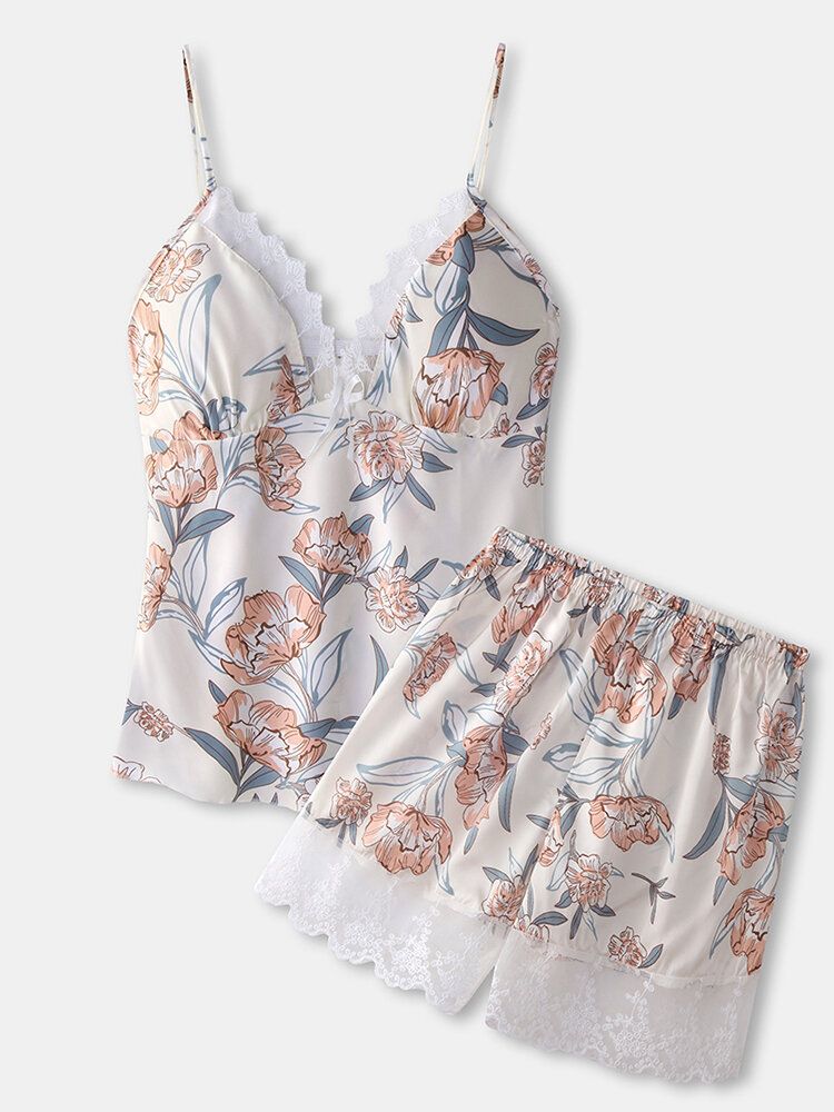 Conjunto De Pijama De Chaleco Liso Con Estampado Floral Y Ribete De Encaje Para Mujer