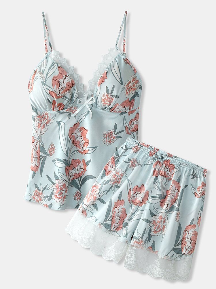 Conjunto De Pijama De Chaleco Liso Con Estampado Floral Y Ribete De Encaje Para Mujer