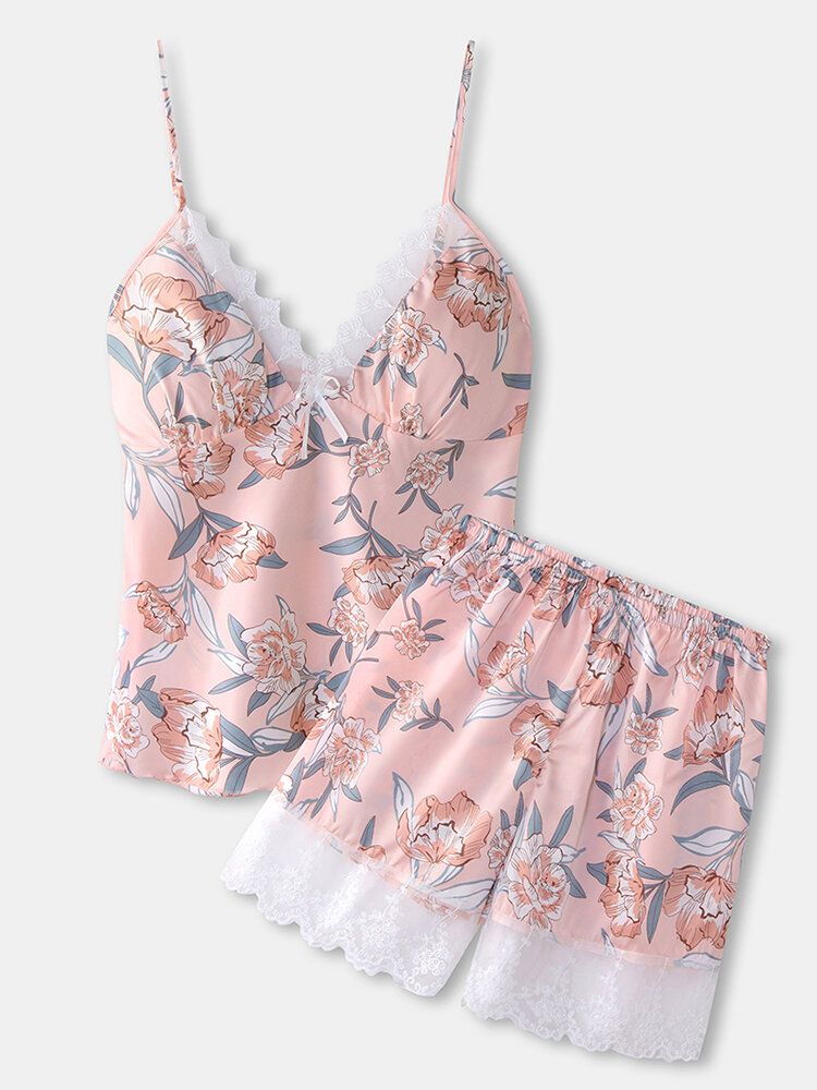 Conjunto De Pijama De Chaleco Liso Con Estampado Floral Y Ribete De Encaje Para Mujer