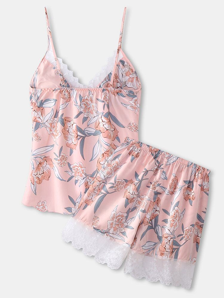 Conjunto De Pijama De Chaleco Liso Con Estampado Floral Y Ribete De Encaje Para Mujer