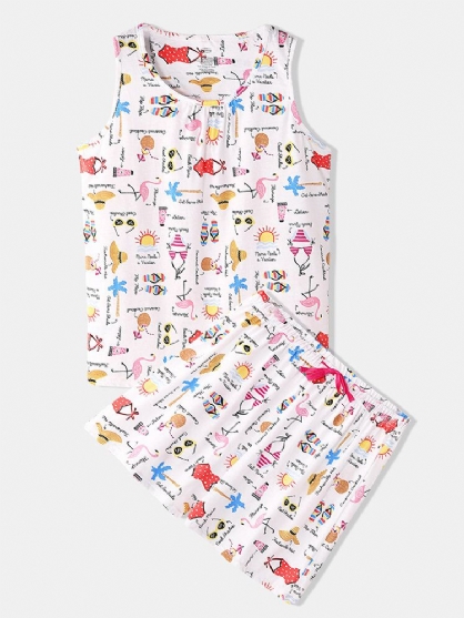 Conjunto De Pijama De Chaleco Sin Mangas Con Estampado De Dibujos Animados Divertidos Para Mujer De Talla Grande