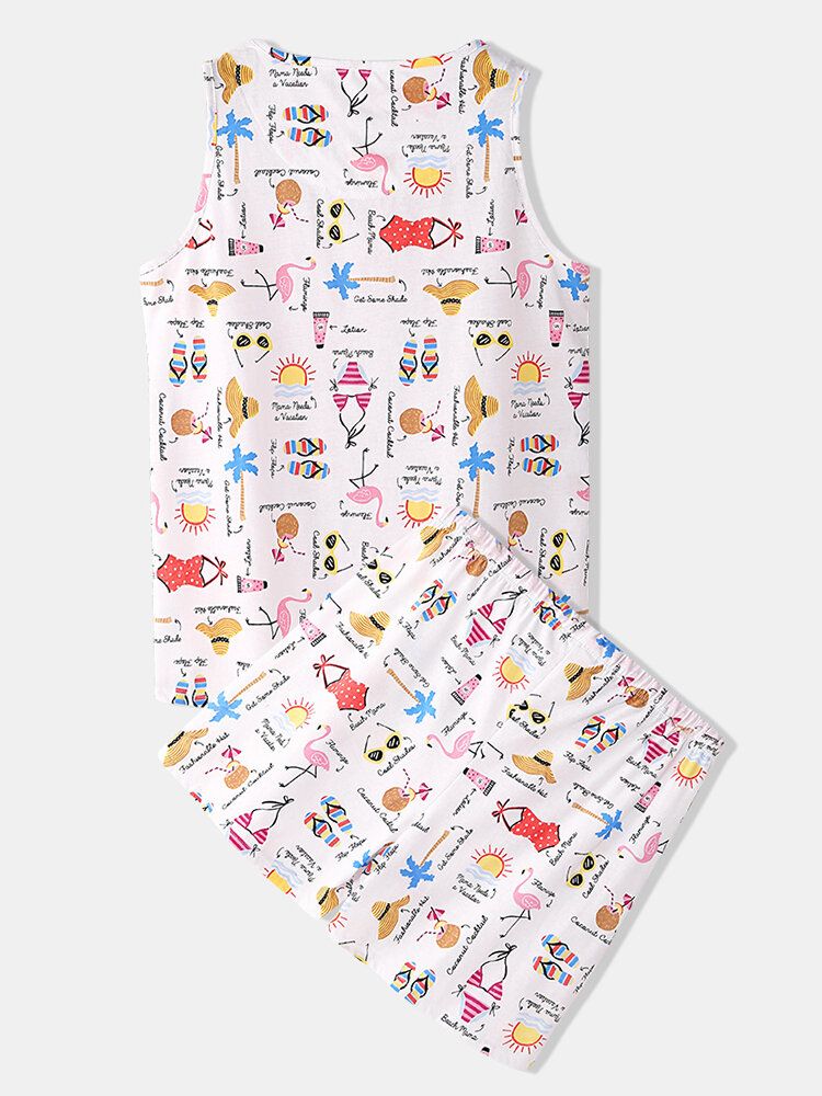 Conjunto De Pijama De Chaleco Sin Mangas Con Estampado De Dibujos Animados Divertidos Para Mujer De Talla Grande