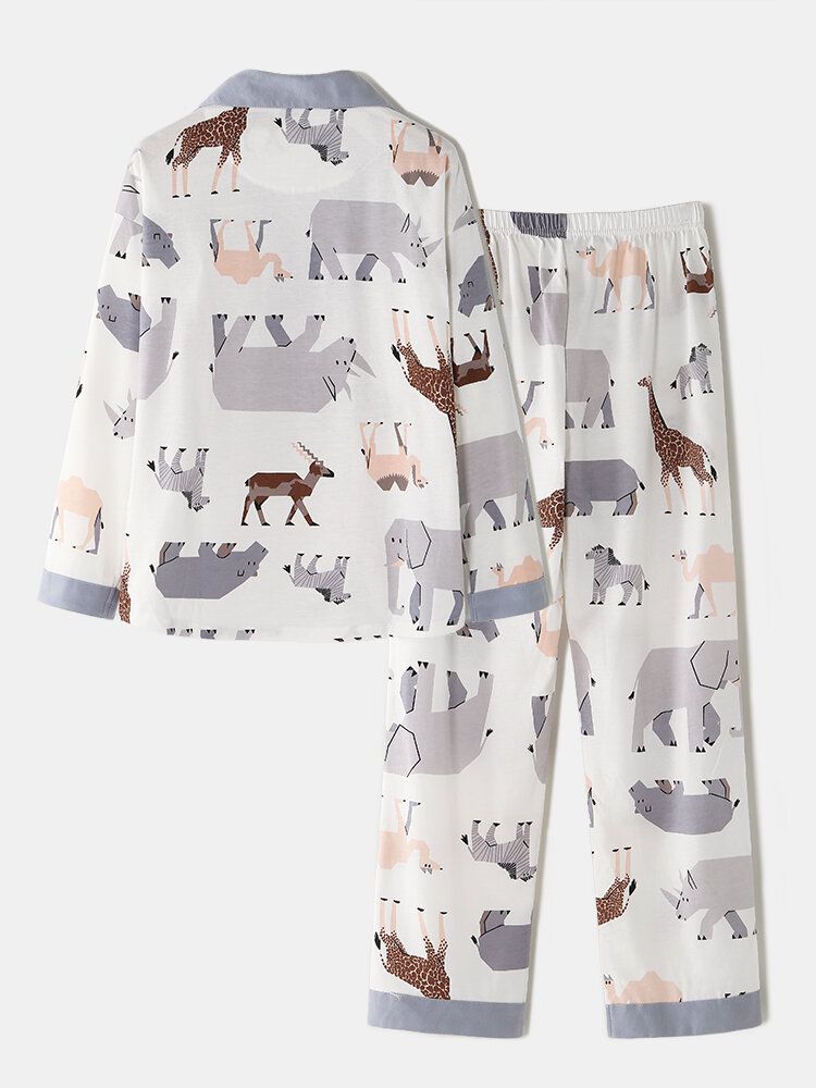 Conjunto De Pijama De Cintura Elástica De Manga Larga Con Botones De Cuello De Campamento De Algodón Con Estampado Animal De Dibujos Animados Para Mujer