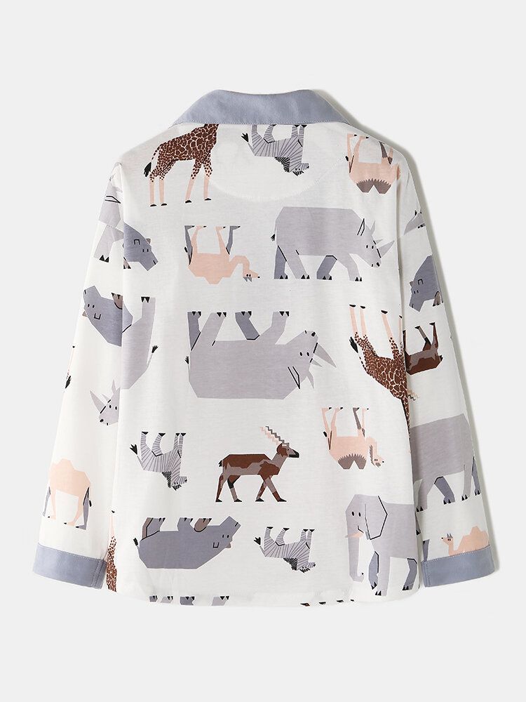 Conjunto De Pijama De Cintura Elástica De Manga Larga Con Botones De Cuello De Campamento De Algodón Con Estampado Animal De Dibujos Animados Para Mujer