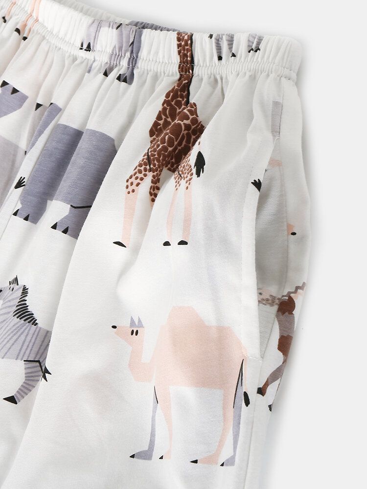 Conjunto De Pijama De Cintura Elástica De Manga Larga Con Botones De Cuello De Campamento De Algodón Con Estampado Animal De Dibujos Animados Para Mujer