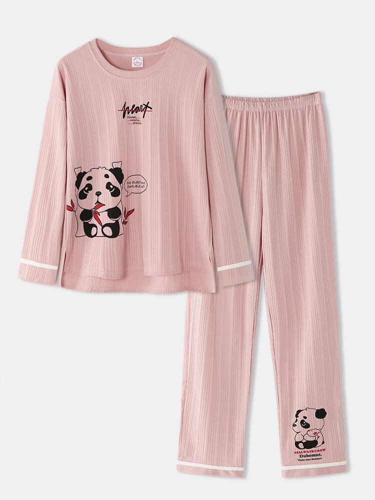 Conjunto De Pijama De Cintura Elástica De Manga Larga Con Estampado De Animales De Dibujos Animados Para Mujer Con Bolsillo