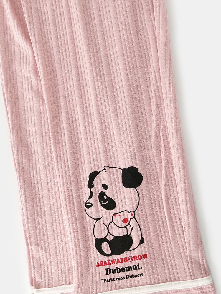 Conjunto De Pijama De Cintura Elástica De Manga Larga Con Estampado De Animales De Dibujos Animados Para Mujer Con Bolsillo