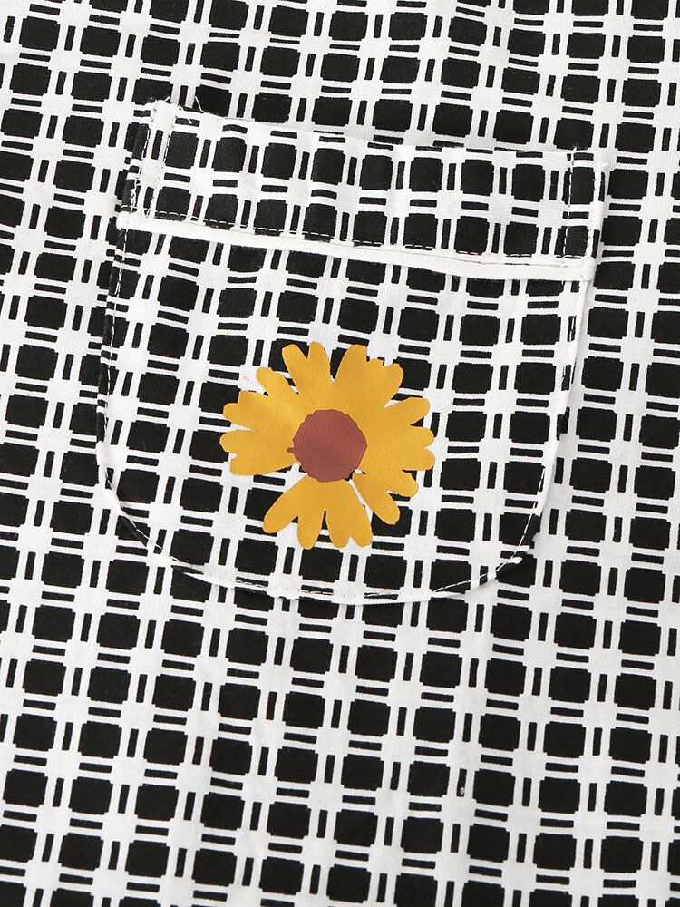 Conjunto De Pijama Cómodo De Manga Larga Con Botones De Bolsillo En El Pecho De Girasol A Cuadros De Algodón Para Hombre