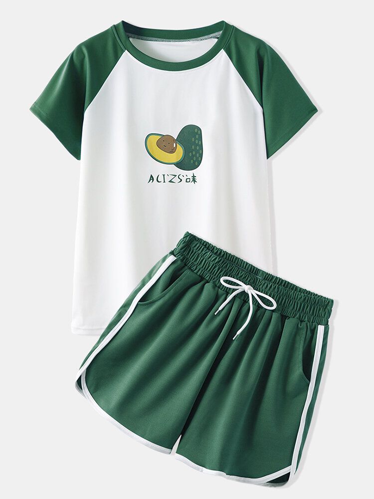 Conjunto De Pijama Deportivo Informal Con Mangas Raglán Con Estampado De Aguacate Y Dibujos Animados Divertidos Para Mujer