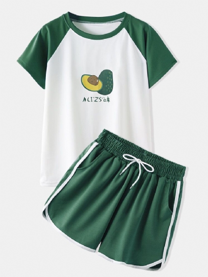 Conjunto De Pijama Deportivo Informal Con Mangas Raglán Con Estampado De Aguacate Y Dibujos Animados Divertidos Para Mujer