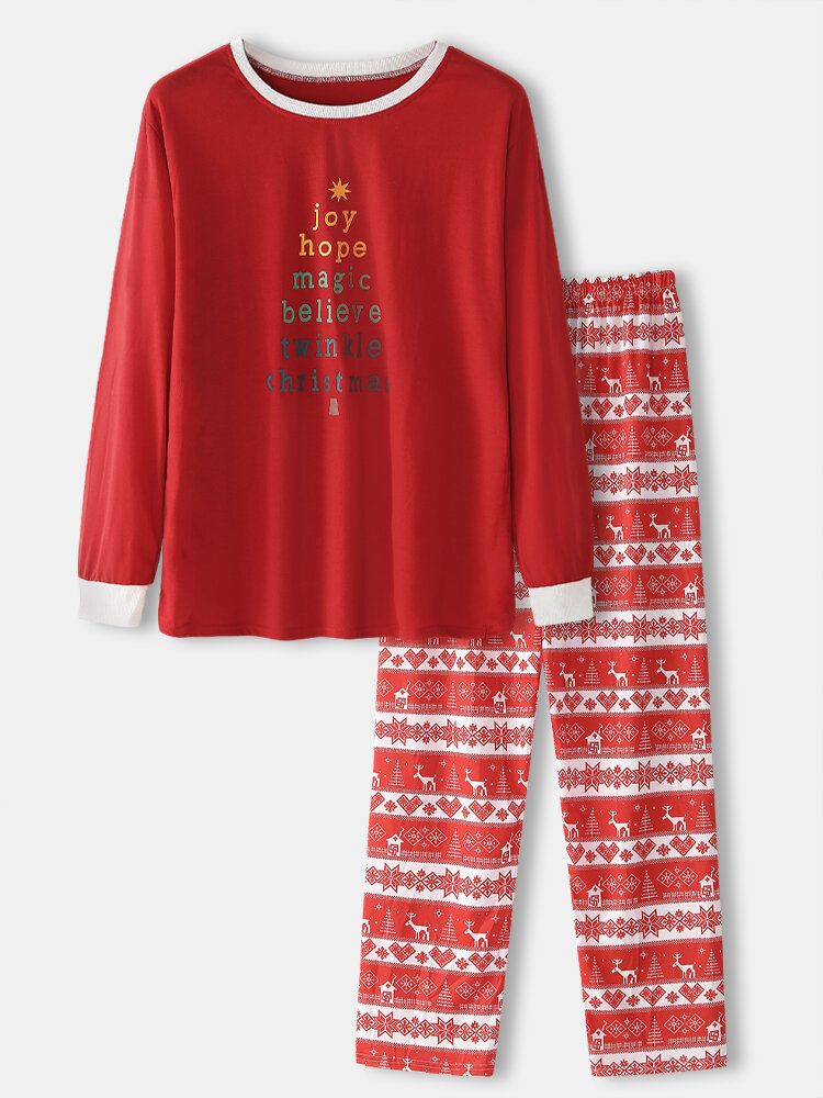 Conjunto De Pijama De Dos Piezas Con Estampado De Texto Navideño Superior Con Estampado De Alces Y Pantalones Sueltos Para El Hogar