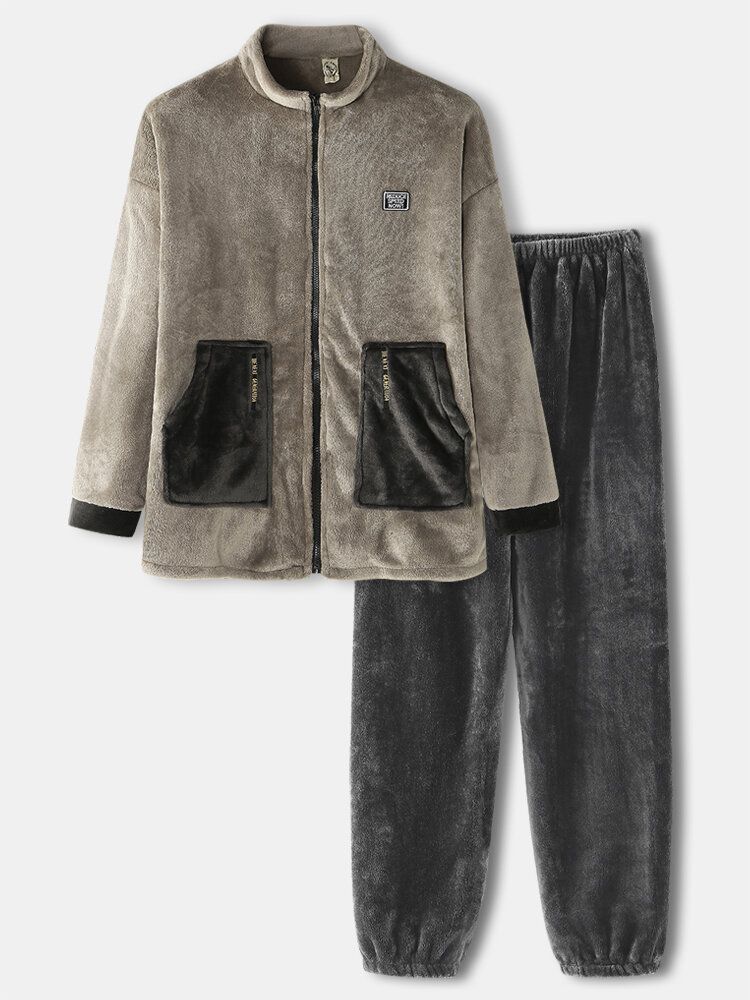 Conjunto De Pijama De Dos Piezas Para Hombre Franela Vintage Cálido Con Cuello Alto Chaqueta Pantalones Para Correr