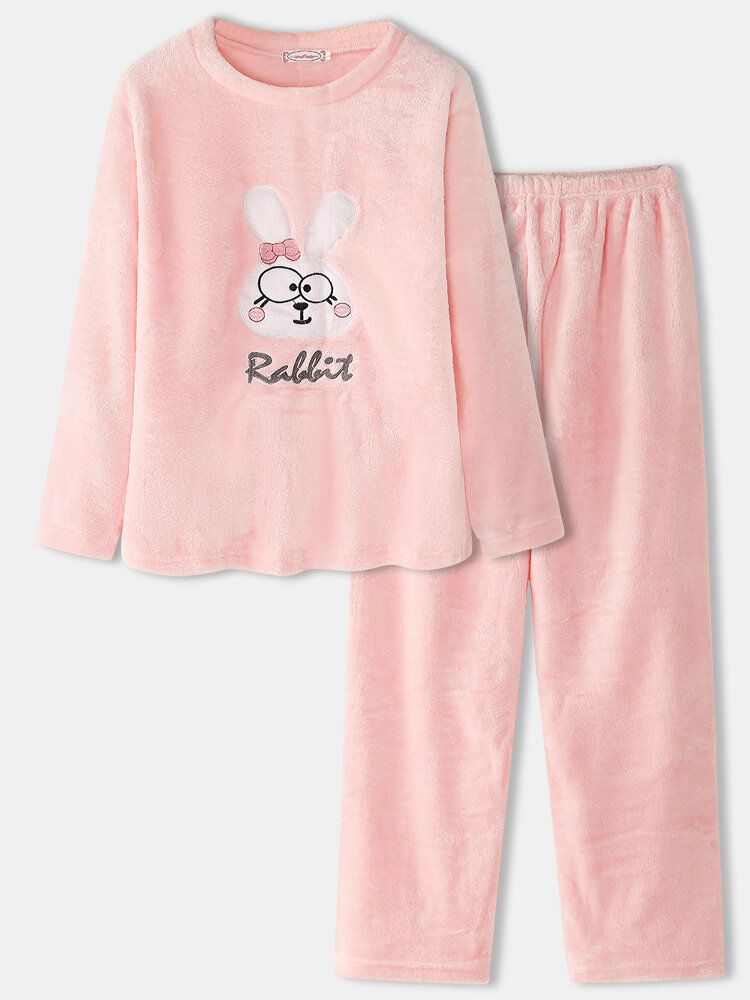 Conjunto De Pijama De Franela Con Cuello Redondo Y Manga Larga Con Patrón De Conejo De Dibujos Animados Para Mujer