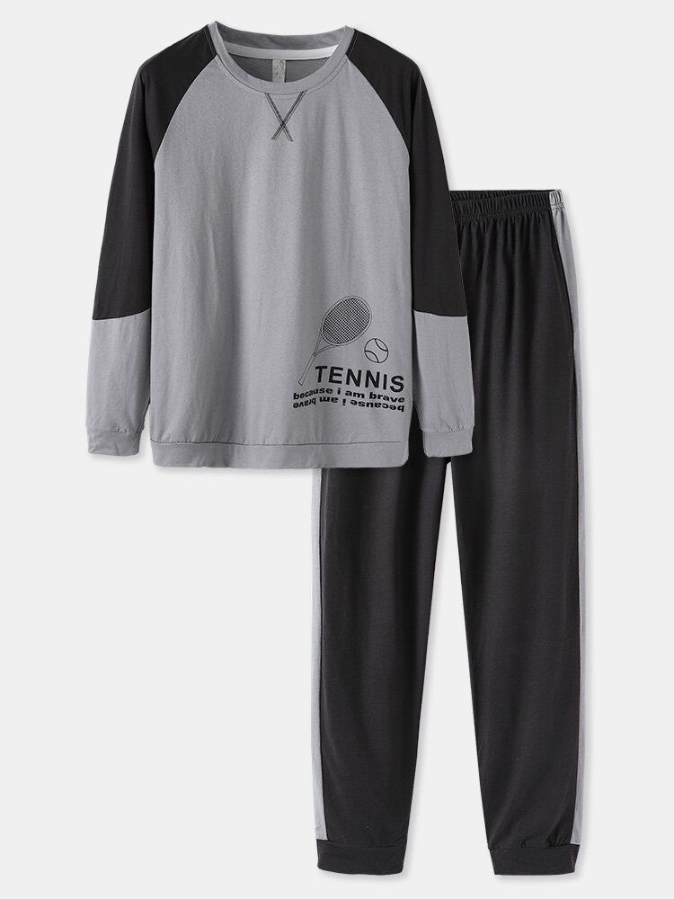 Conjunto De Pijama De Hogar Con Cintura Elástica Con Mangas Raglán Y Gráficos De Patrón De Tenis Para Hombre