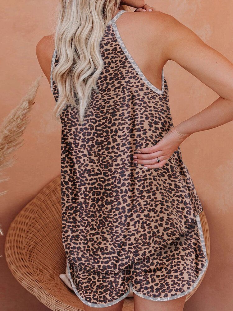 Conjunto De Pijama Holgado De Cuello Redondo Sin Mangas De Leopardo Para Mujer