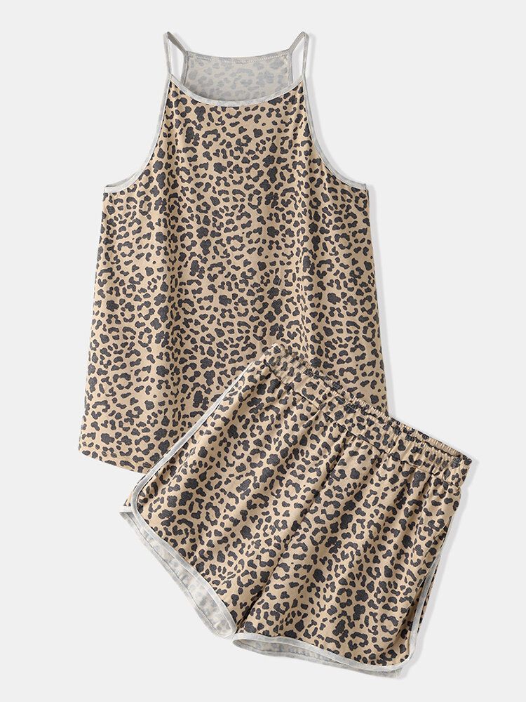 Conjunto De Pijama Holgado De Cuello Redondo Sin Mangas De Leopardo Para Mujer