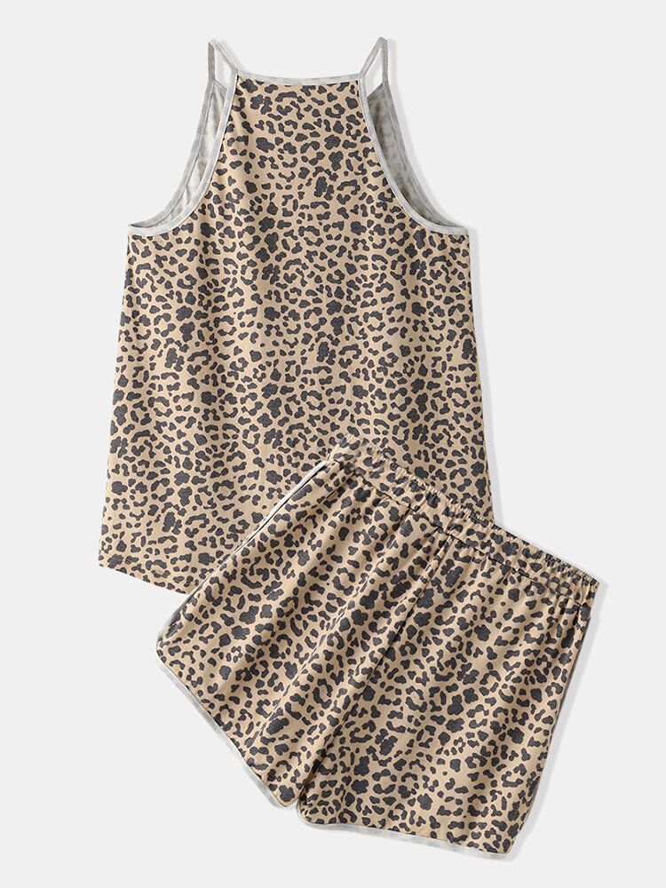 Conjunto De Pijama Holgado De Cuello Redondo Sin Mangas De Leopardo Para Mujer