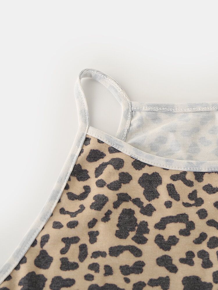 Conjunto De Pijama Holgado De Cuello Redondo Sin Mangas De Leopardo Para Mujer